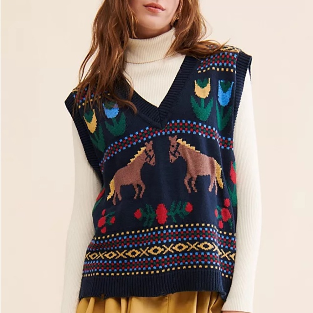 Free People Navy V-Neck Sweater Vest with Horse Pattern